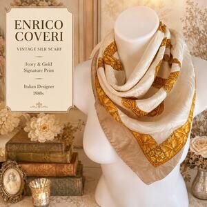 Vintage Enrico Coveri 80s Silk Scarf Ivory Gold Signature Italian Designer 33x35